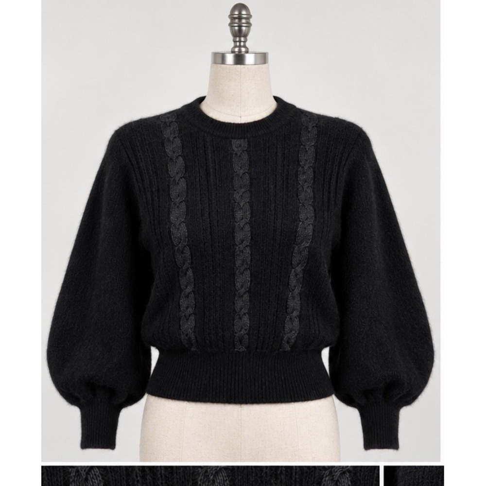 Gucci SPA Vintage 80s Sweater Angora Wool Black Cable Knit Size 46 Italy Luxury